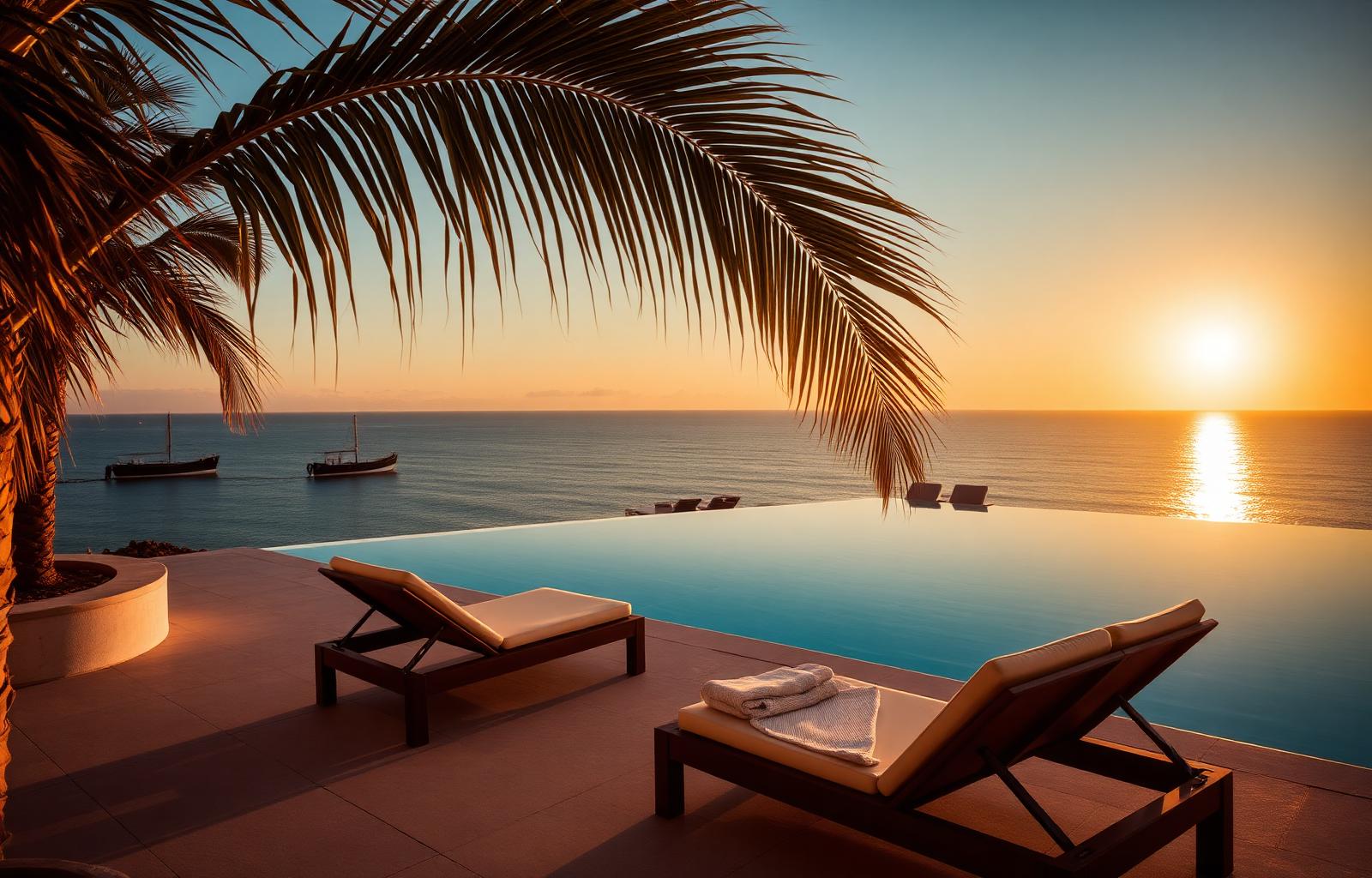 Sunbeds at an infinity pool