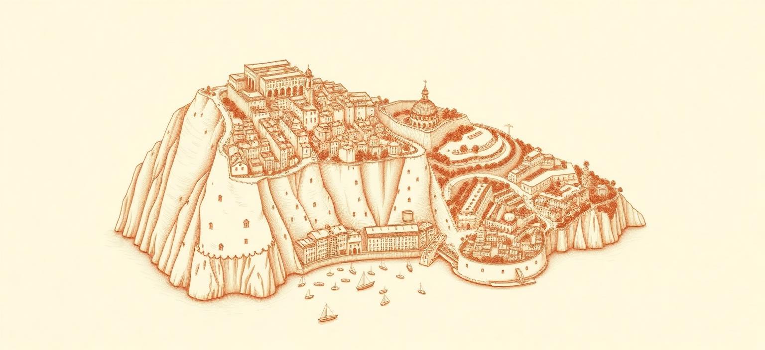 Illustrated hand-drawn map of Amalfi Coast with its landmarks and neighbourhoods