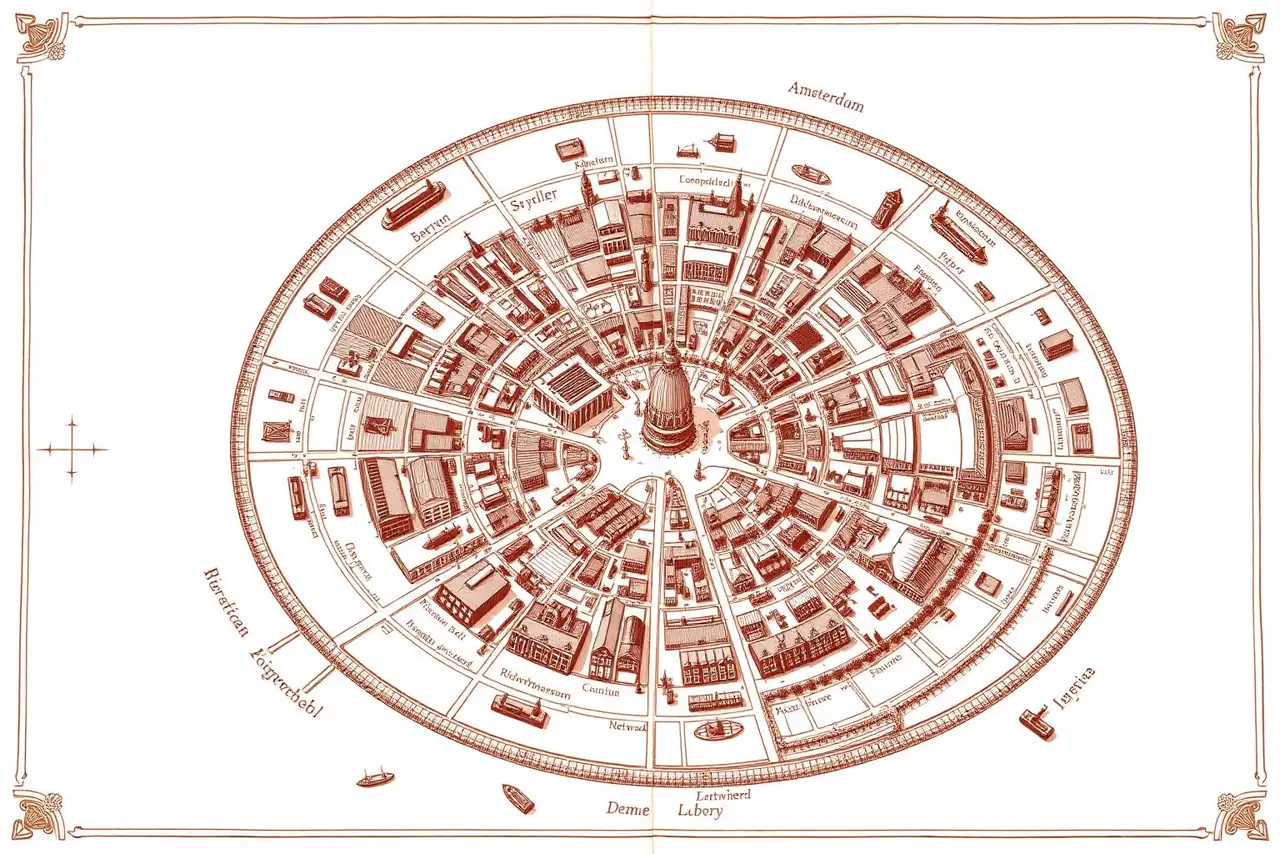 Illustrated hand-drawn map of Amsterdam with its landmarks and neighbourhoods
