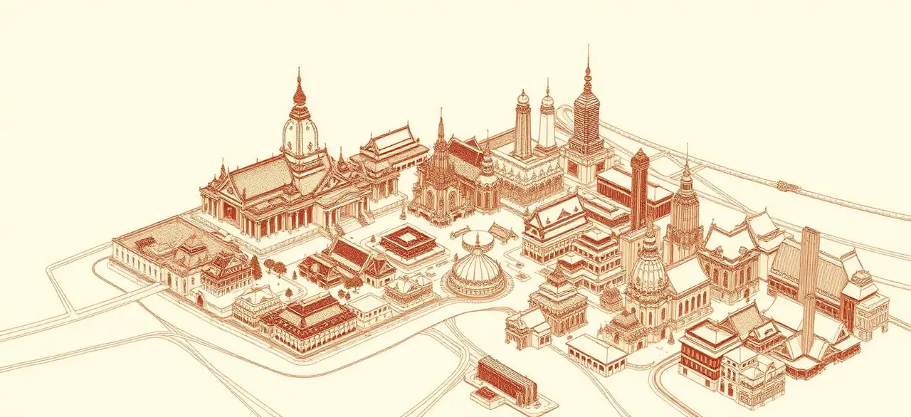 Illustrated hand-drawn map of Bangkok with its landmarks and neighbourhoods