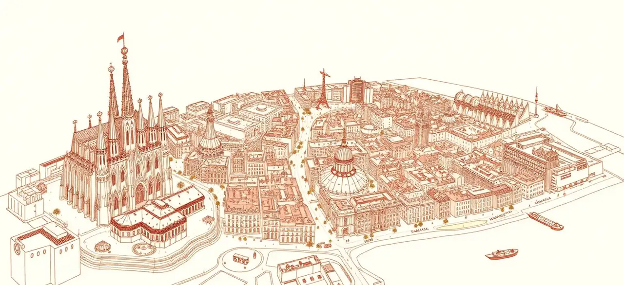 Illustrated hand-drawn map of Barcelona with its landmarks and neighbourhoods