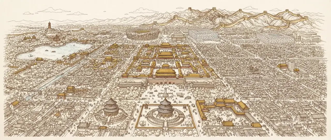 Illustrated hand-drawn map of Beijing with its landmarks and neighbourhoods