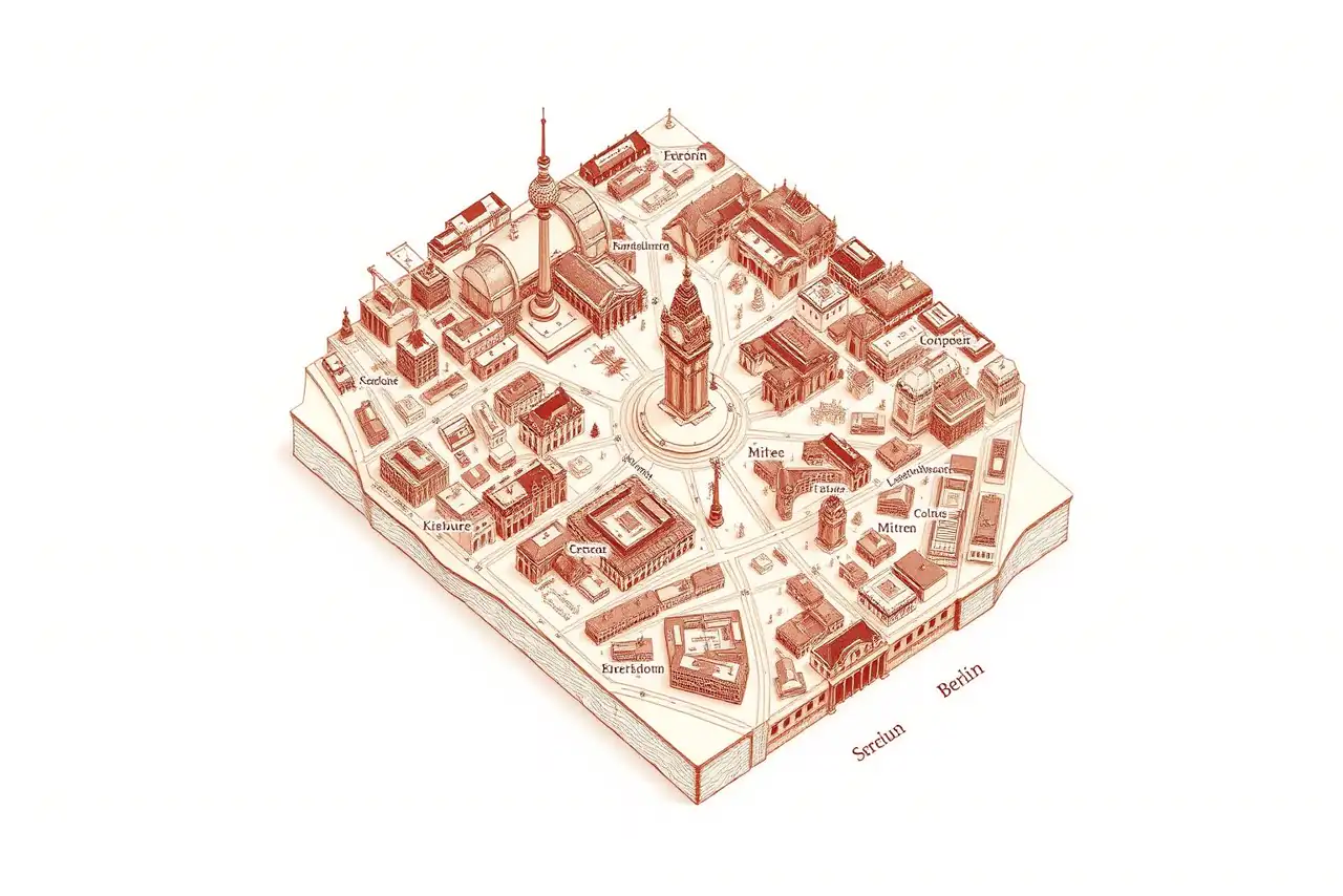 Illustrated hand-drawn map of Berlin with its landmarks and neighbourhoods