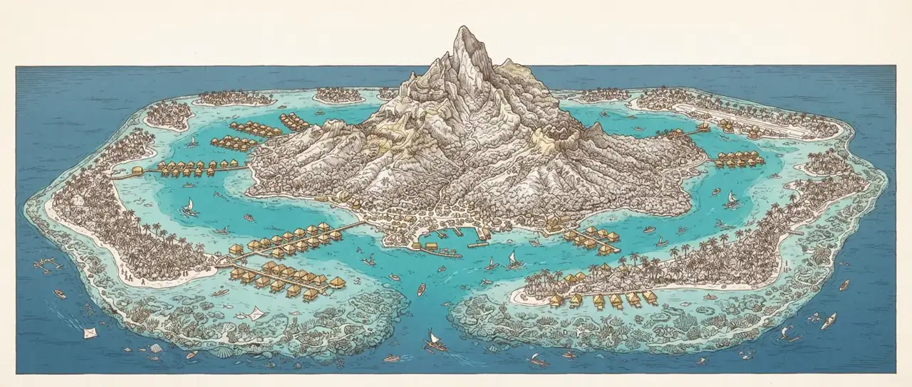 Illustrated hand-drawn map of Bora Bora with its landmarks and neighbourhoods