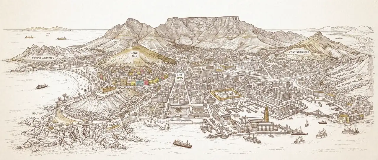 Illustrated hand-drawn map of Cape Town with its landmarks and neighbourhoods