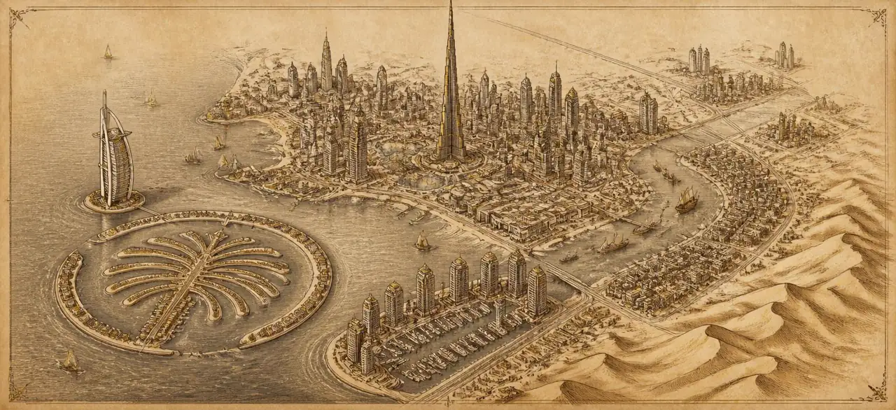 Illustrated hand-drawn map of Dubai with its landmarks and neighbourhoods