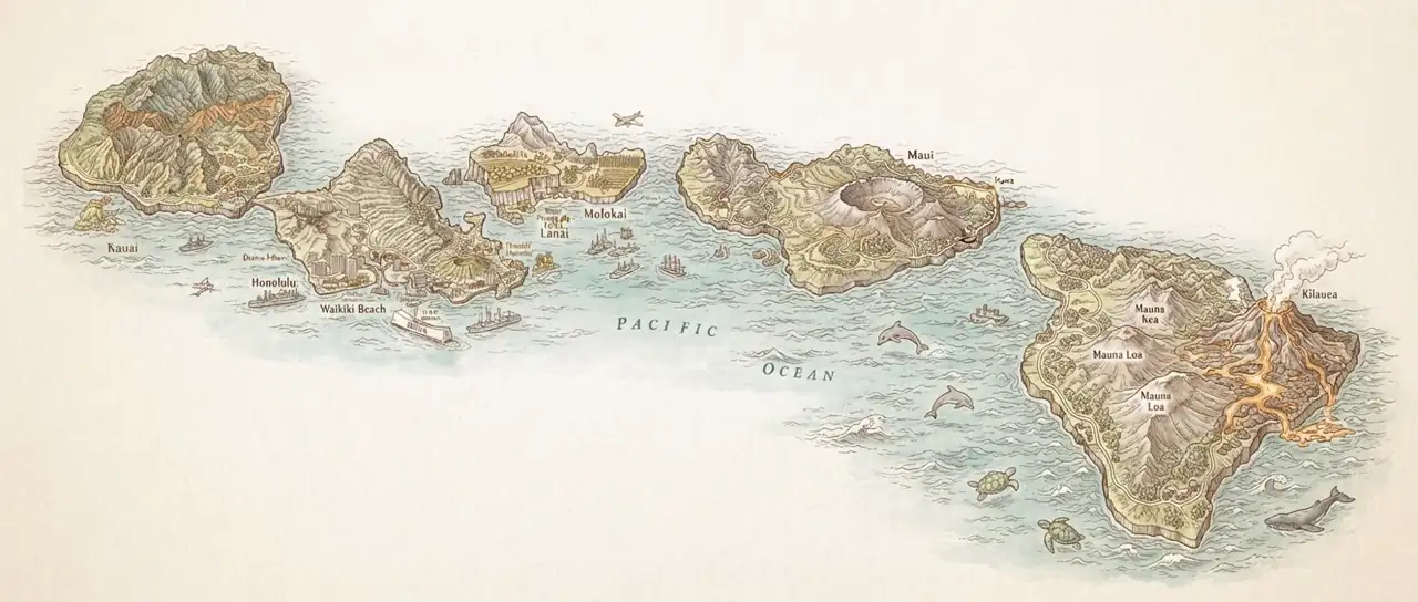 Illustrated hand-drawn map of Hawaii with its landmarks and neighbourhoods