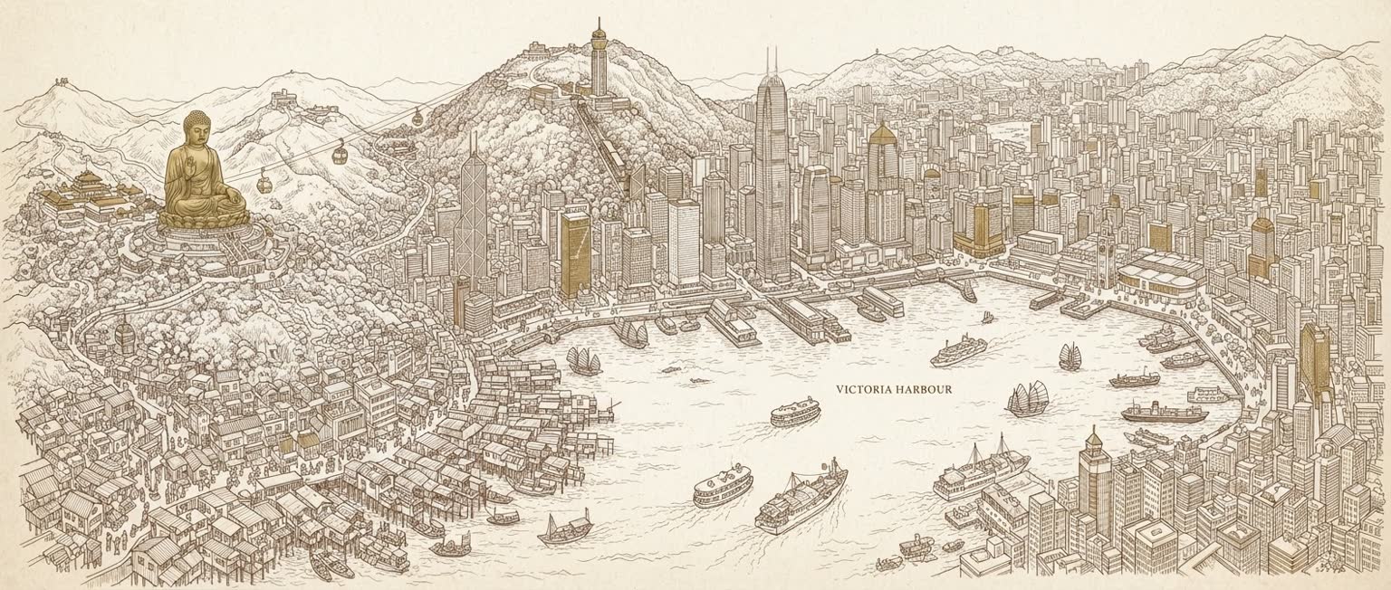 Illustrated hand-drawn map of Hong Kong with its landmarks and neighbourhoods