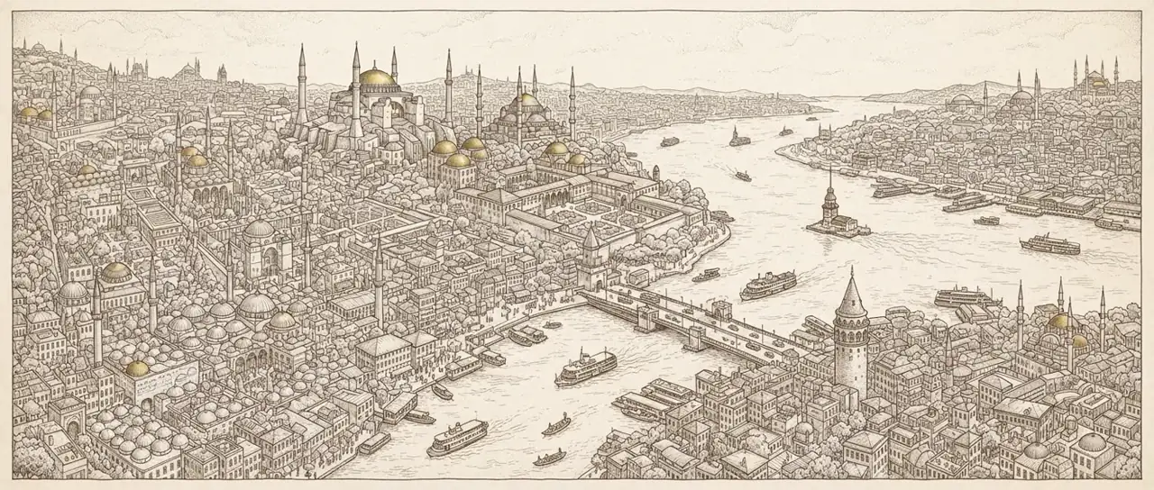Illustrated hand-drawn map of Istanbul with its landmarks and neighbourhoods