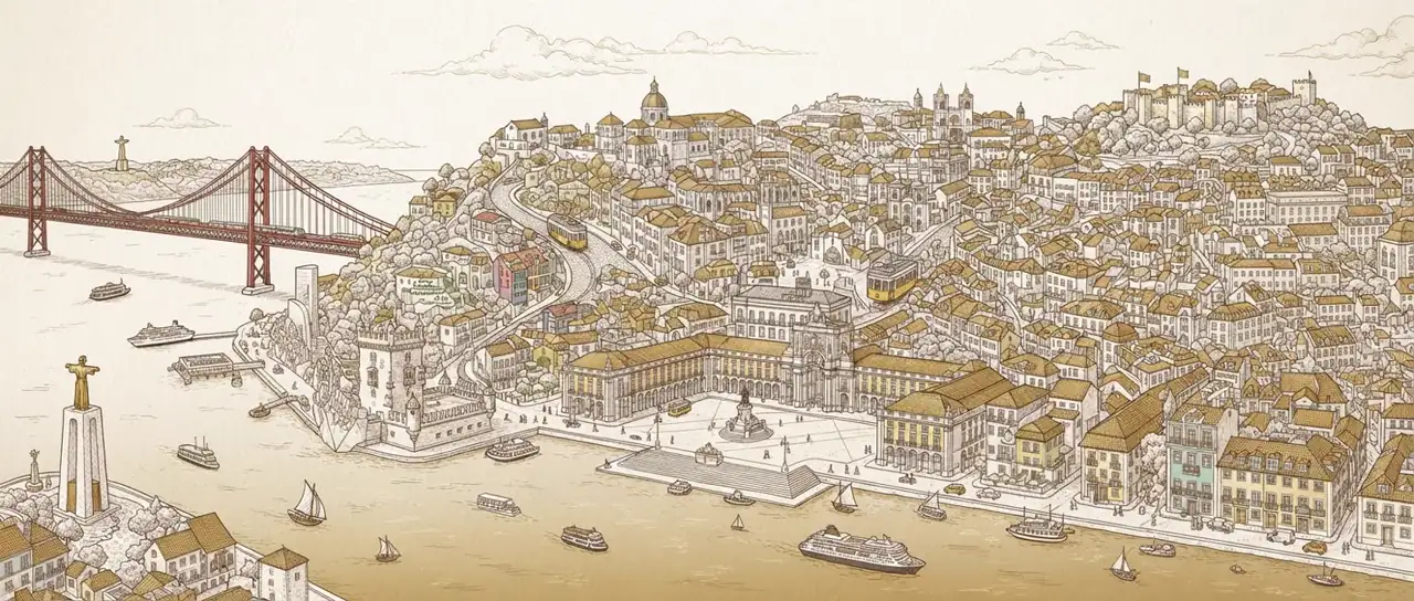 Illustrated hand-drawn map of Lisbon with its landmarks and neighbourhoods