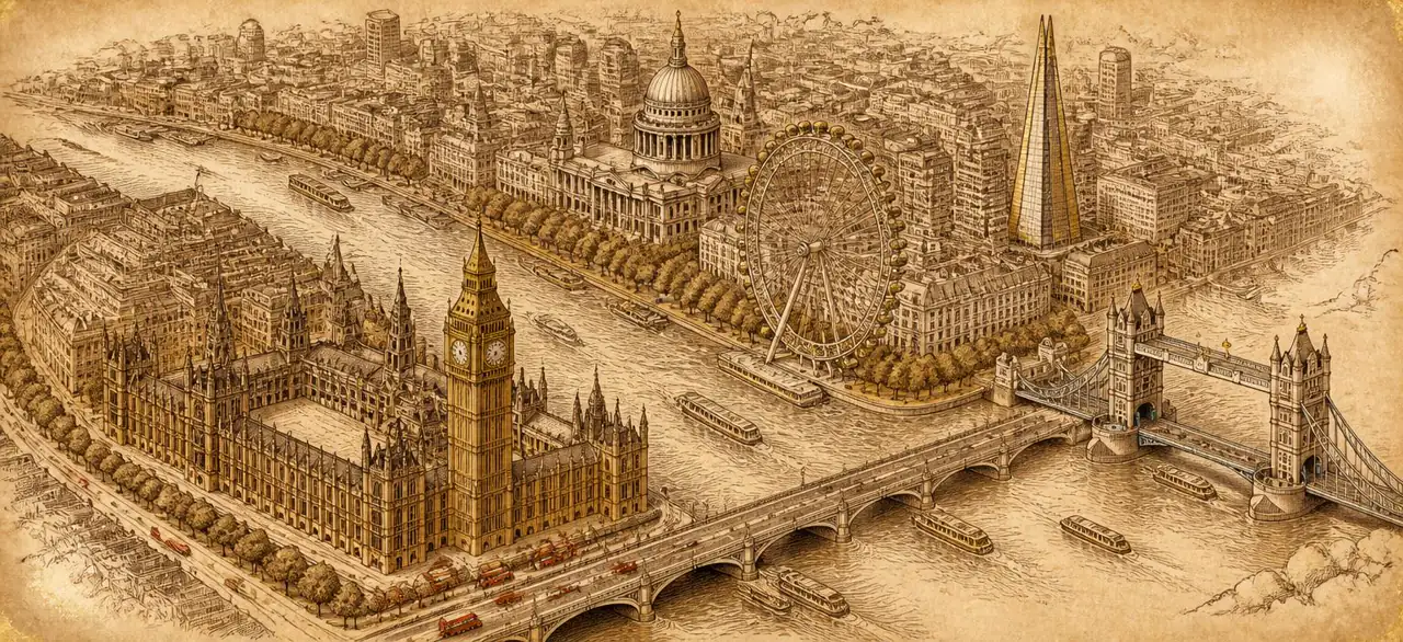 Illustrated hand-drawn map of London with its landmarks and neighbourhoods