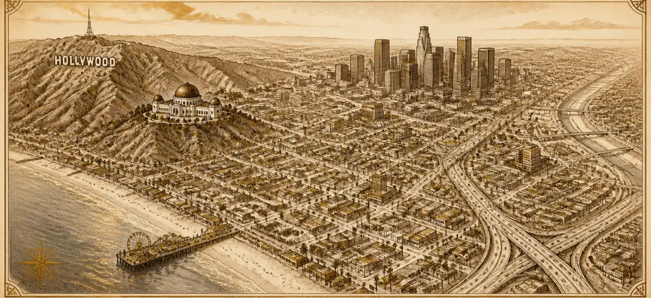 Illustrated hand-drawn map of Los Angeles with its landmarks and neighbourhoods