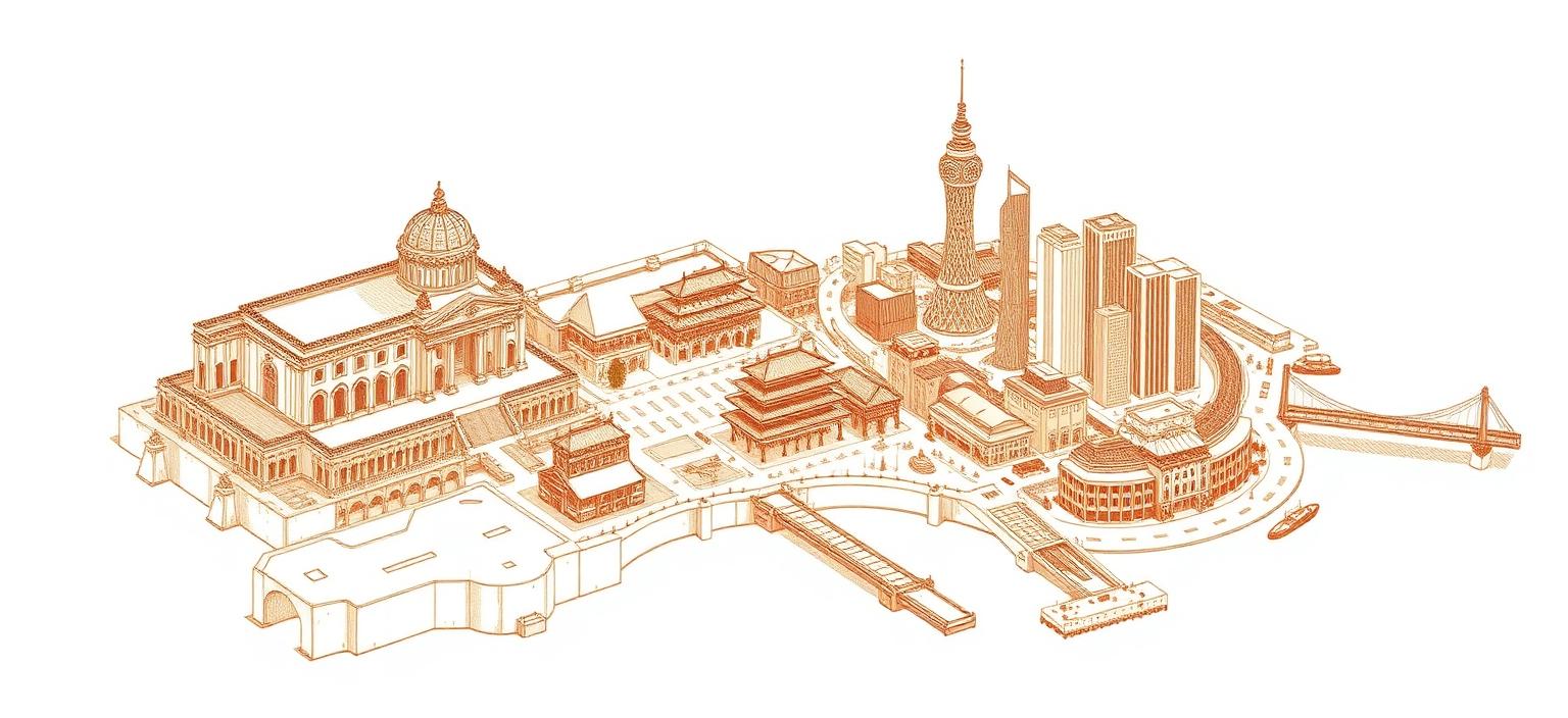 Illustrated hand-drawn map of Macau with its landmarks and neighbourhoods