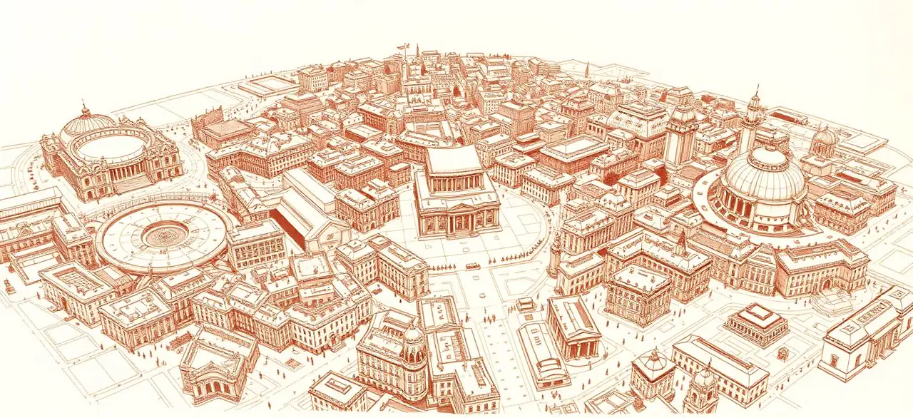 Illustrated hand-drawn map of Madrid with its landmarks and neighbourhoods