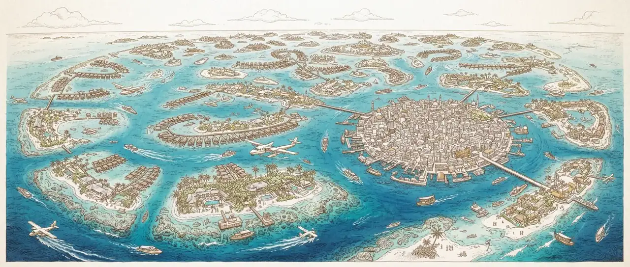 Illustrated hand-drawn map of Maldives with its landmarks and neighbourhoods