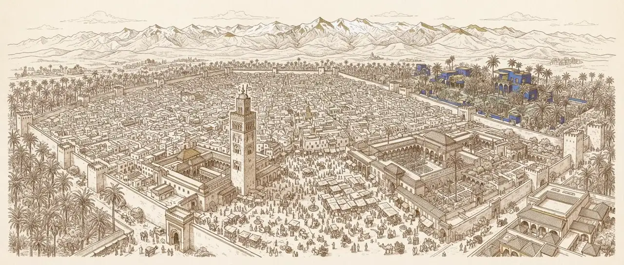 Illustrated hand-drawn map of Marrakesh with its landmarks and neighbourhoods