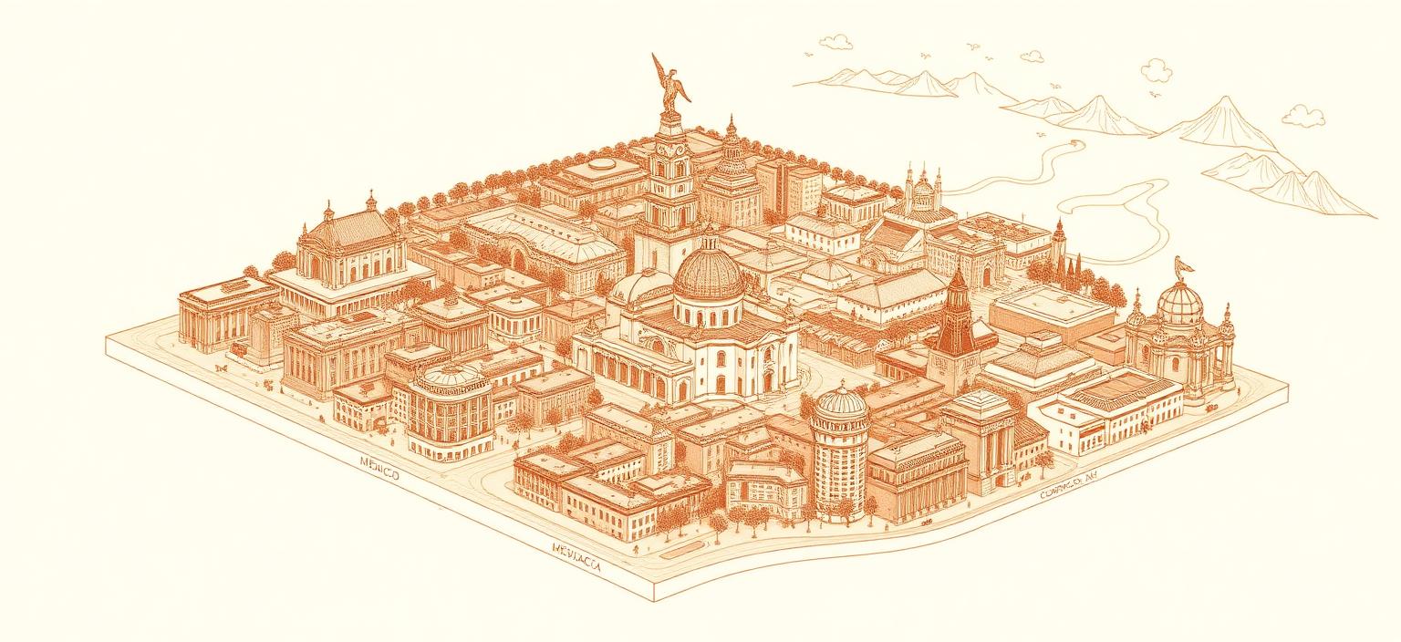 Illustrated hand-drawn map of Mexico City with its landmarks and neighbourhoods