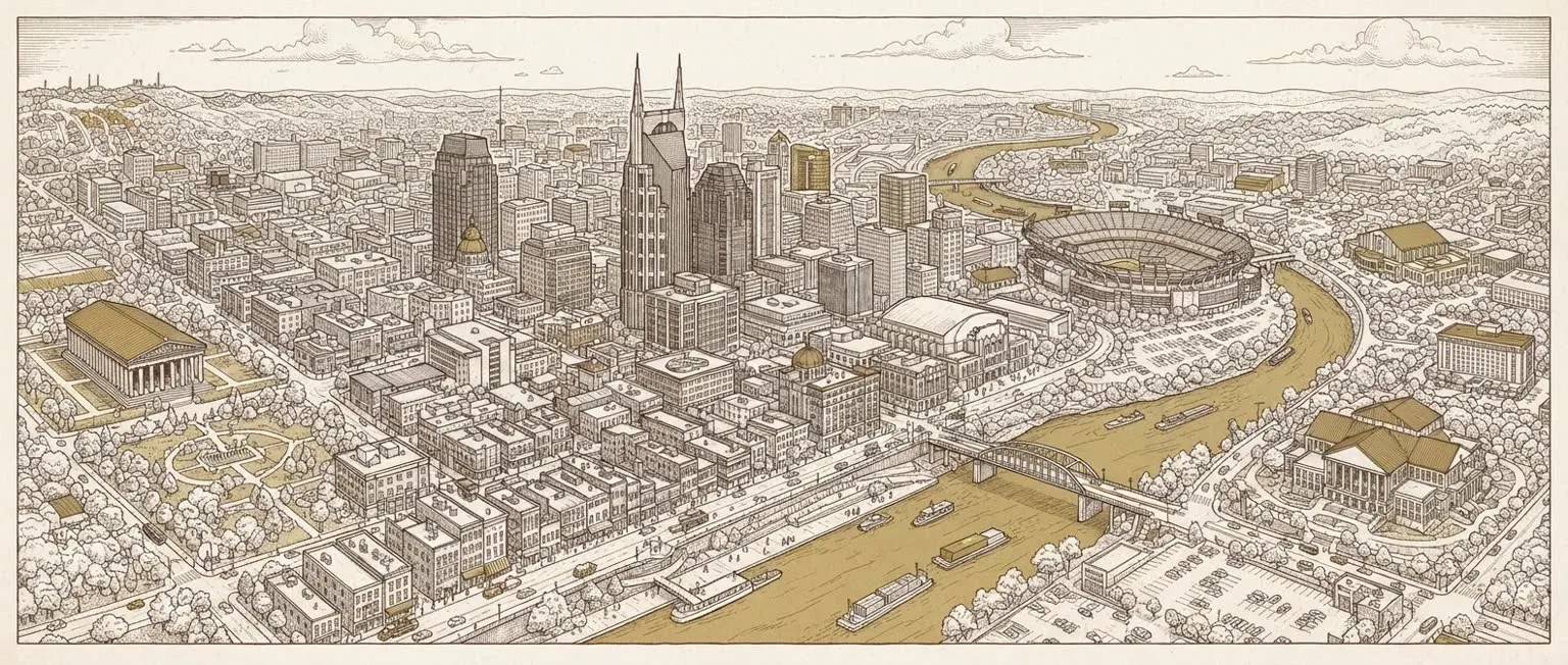 Illustrated hand-drawn map of Nashville with its landmarks and neighbourhoods