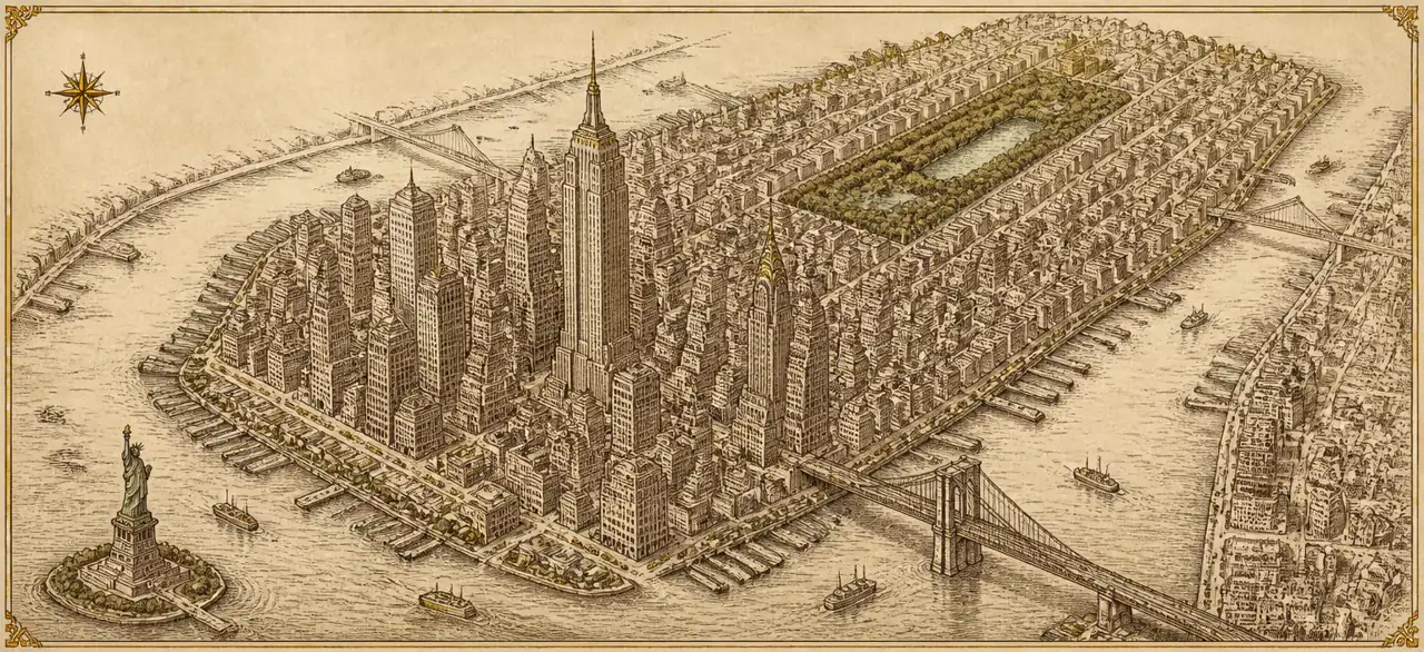Illustrated hand-drawn map of New York with its landmarks and neighbourhoods