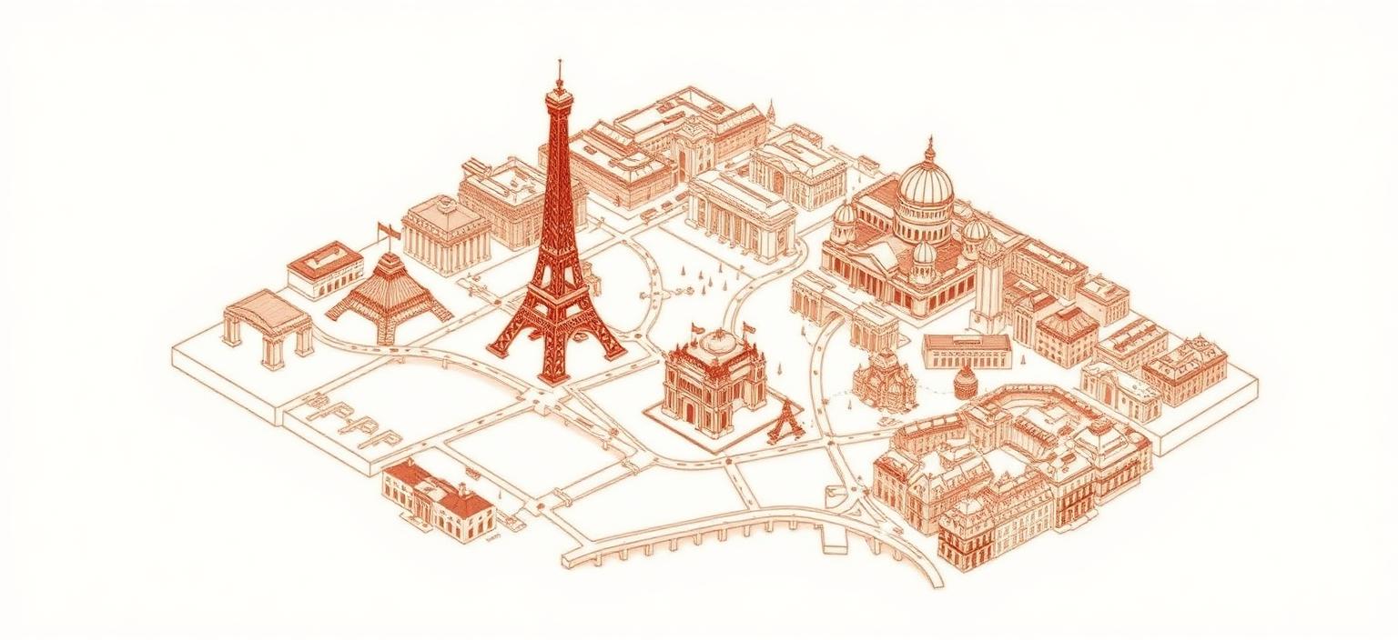 Illustrated hand-drawn map of Paris with its landmarks and neighbourhoods