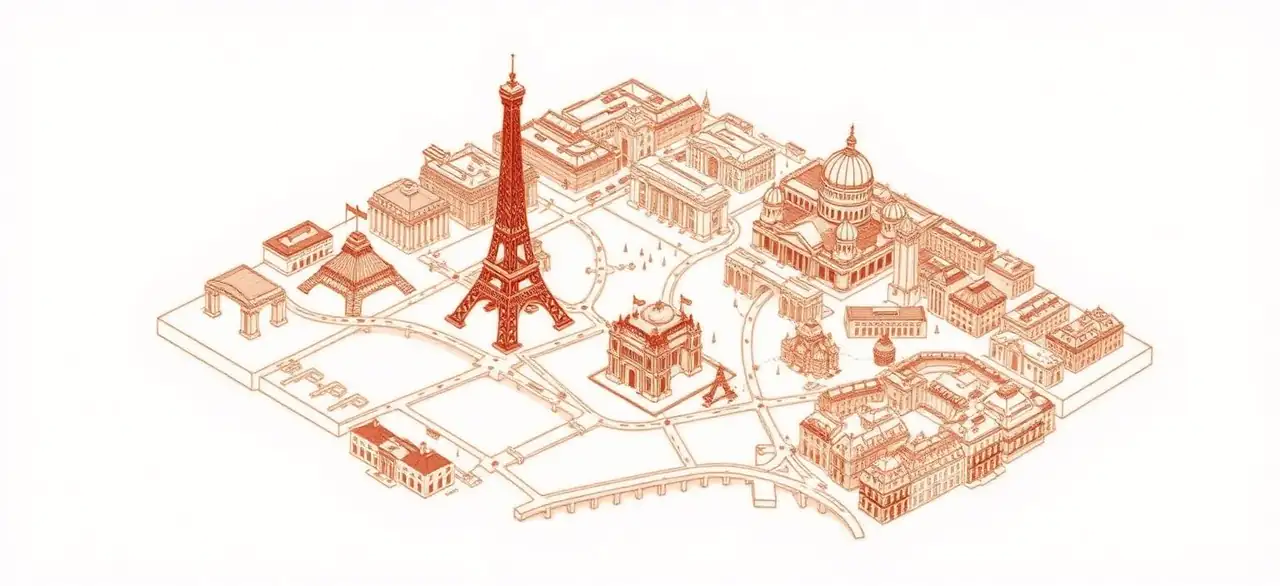 Illustrated hand-drawn map of Paris with its landmarks and neighbourhoods