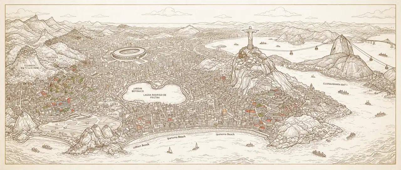 Illustrated hand-drawn map of Rio de Janeiro with its landmarks and neighbourhoods