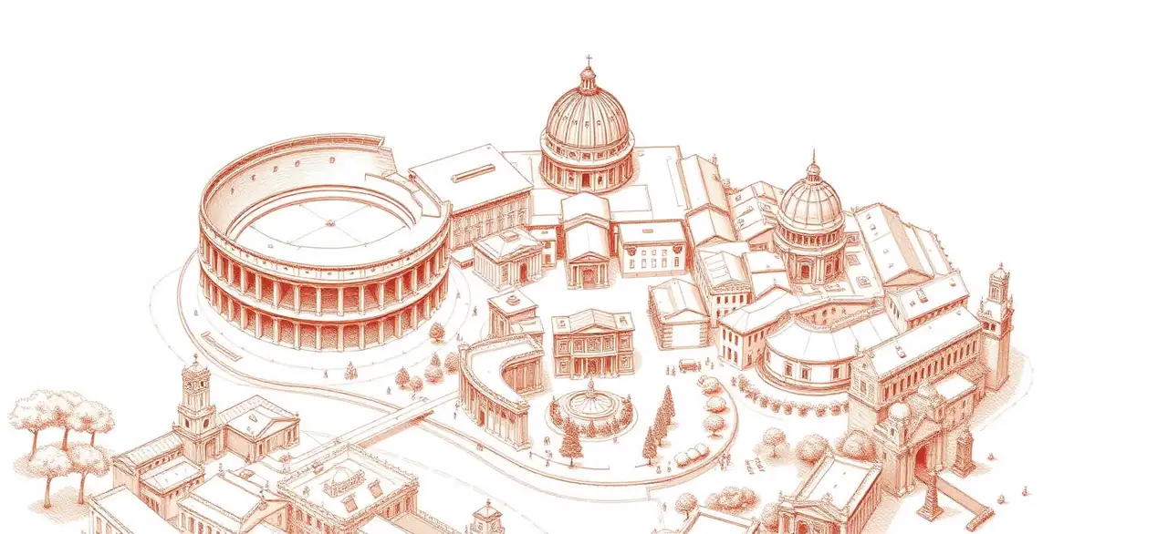 Illustrated hand-drawn map of Rome with its landmarks and neighbourhoods
