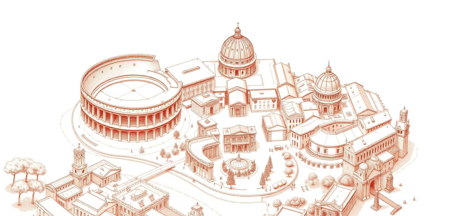 Illustrated hand-drawn map of Rome with its landmarks and neighbourhoods