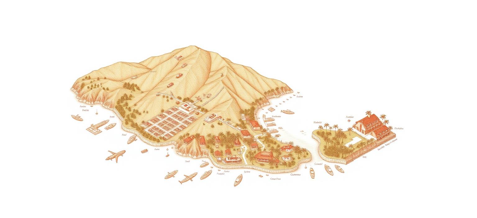 Illustrated hand-drawn map of Saint Barts with its landmarks and neighbourhoods