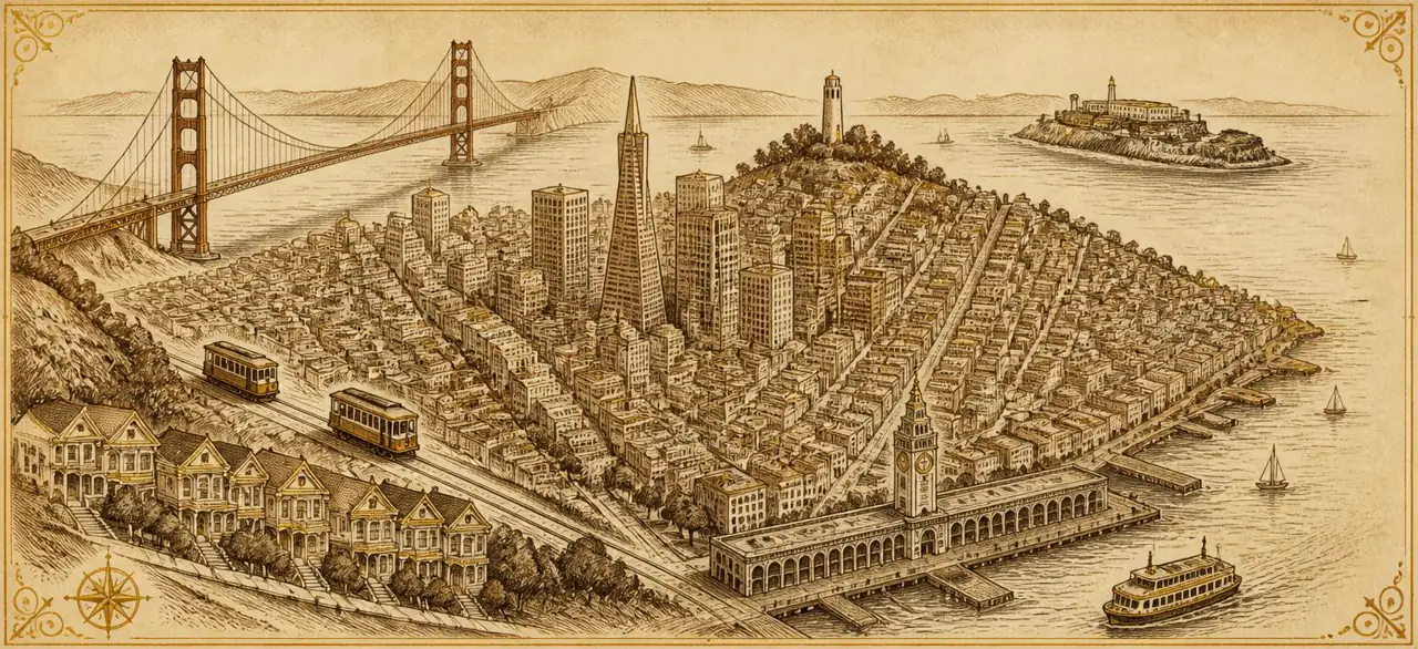 Illustrated hand-drawn map of San Francisco with its landmarks and neighbourhoods