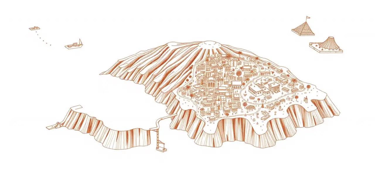 Illustrated hand-drawn map of Santorini with its landmarks and neighbourhoods