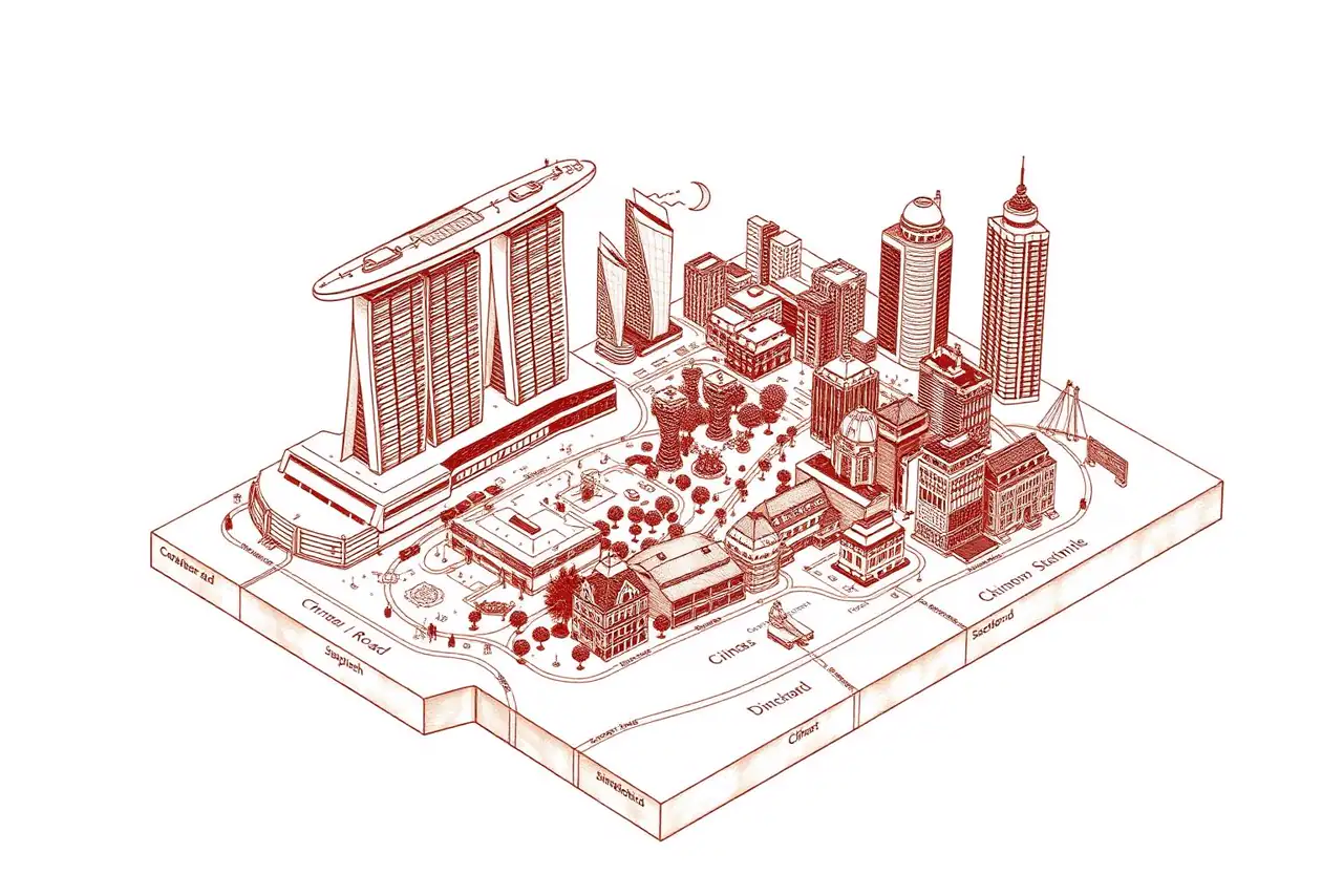Illustrated hand-drawn map of Singapore with its landmarks and neighbourhoods
