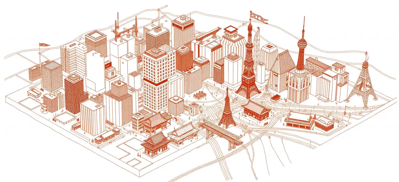 Illustrated hand-drawn map of Tokyo with its landmarks and neighbourhoods