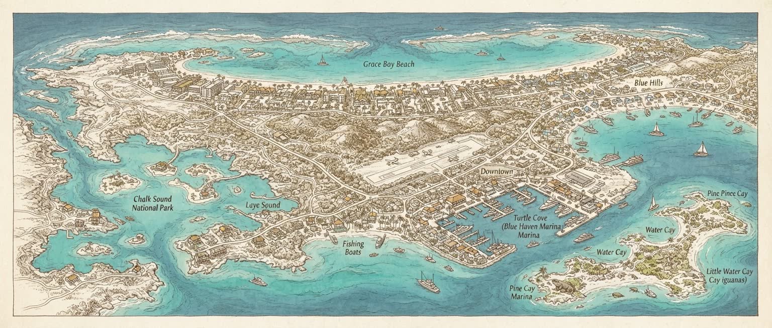 Illustrated hand-drawn map of Turks and Caicos with its landmarks and neighbourhoods