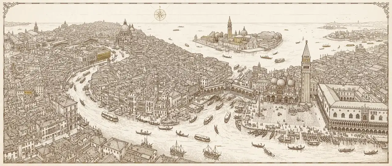 Illustrated hand-drawn map of Venice with its landmarks and neighbourhoods