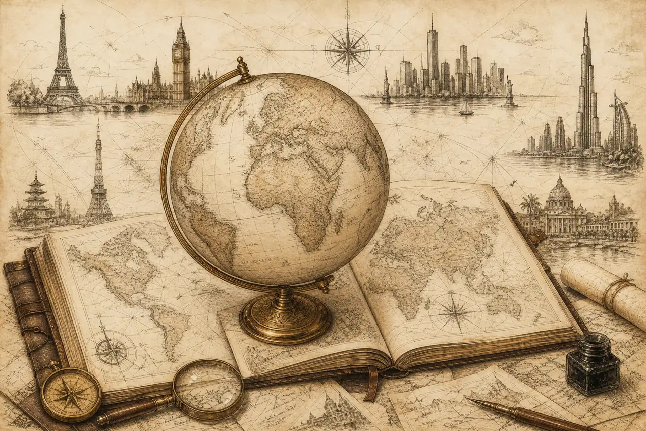 Vintage ink illustration of an antique world atlas with a globe, compass, and city skylines