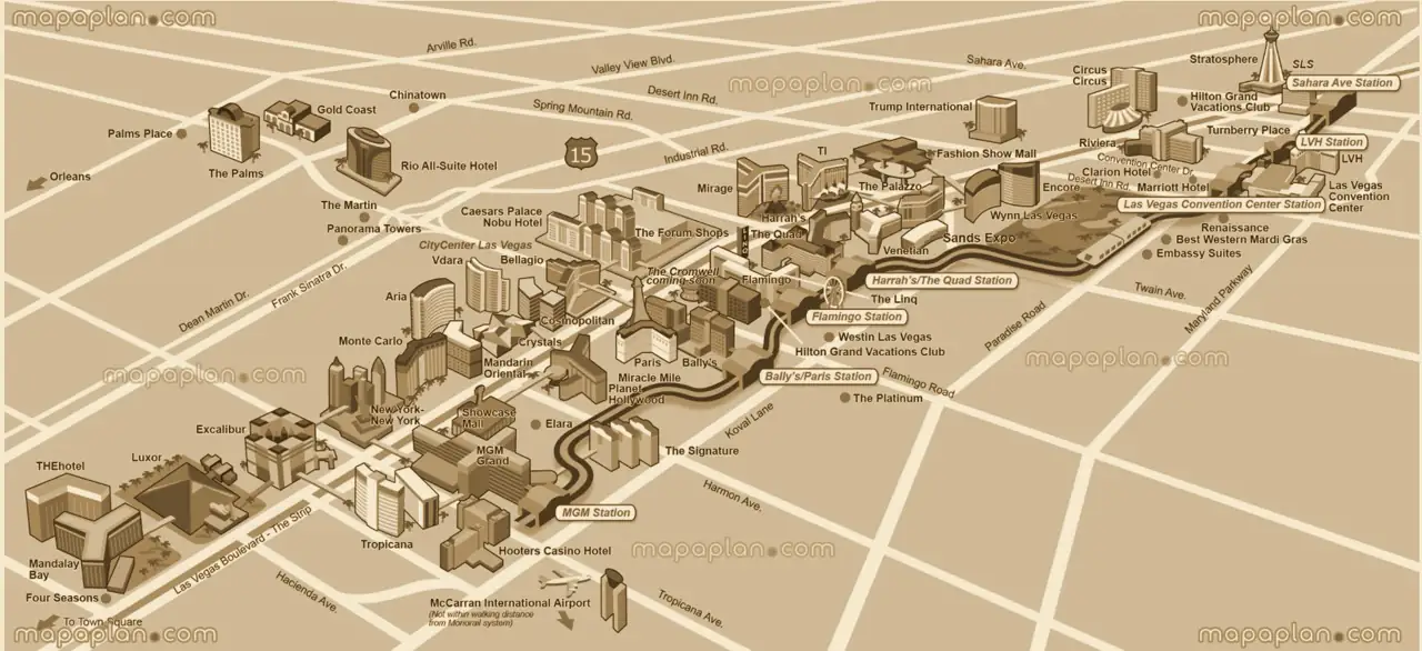 Illustrated 3D map of the Las Vegas Strip with resort landmarks and monorail stations